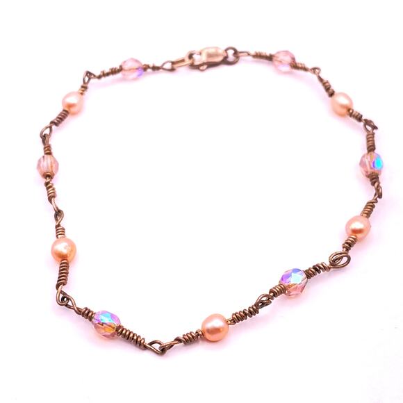 2 Handmade 925 Silver Chain Bracelets Pearls Garnets Dainty Wirework Vintage - Picture 4 of 13
